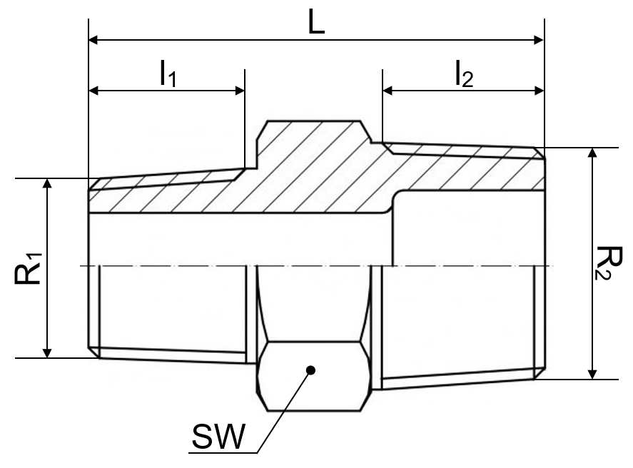 6kt. Reduzierdoppelnippel 1.4408 1/2" x 1/8"